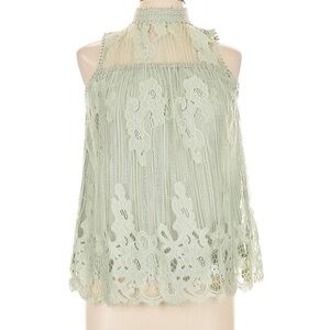 Western Elegant Lace Overlay Sleeveless Top - Mint Green - Medium